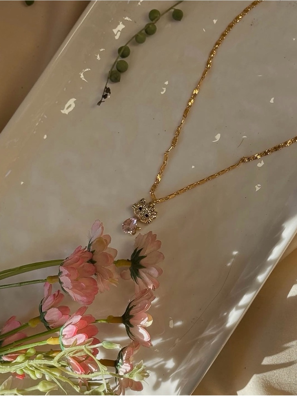Gold Tone Crystal Cat Pendant Necklace - Pink Charm